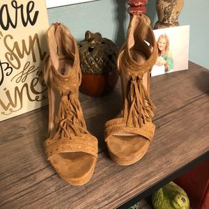 Brown suede tassel wedge sandals